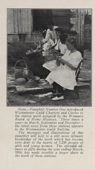 This image shows the first page of the pamphlet that features girls sewing.